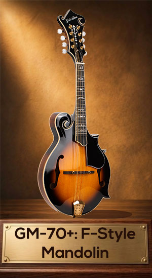 Gold Tone GM-70+ F-Style mandolin with solid spruce top, maple body, and tobacco sunburst finish