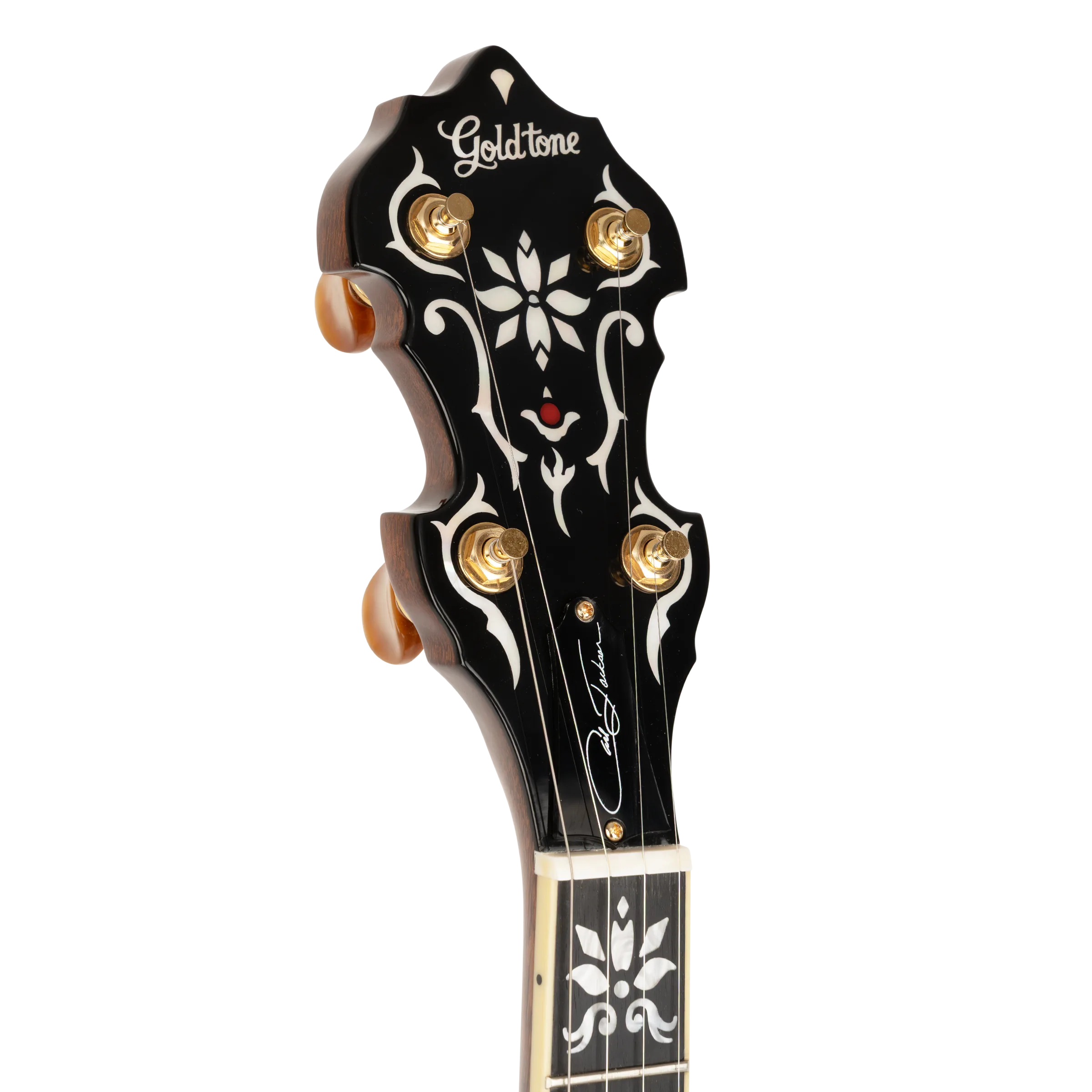 OB-3CJ peghead close-up with pearl and ruby inlay and gold Gotoh tuners